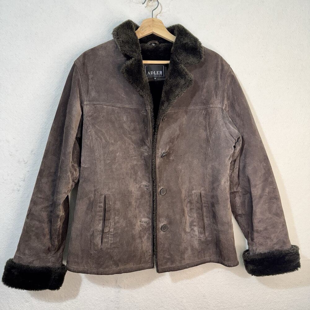 Adler Chocolate Brown Genuine Suede Leather Jacket Plush Faux Fur Lined Medium